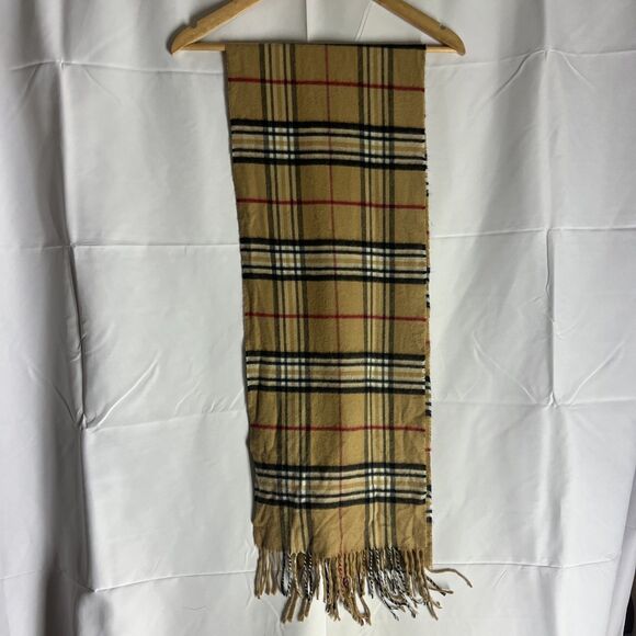 V. Fraas Cashmink Nova Check Tartan Plaid Scarf Winter Soft Classic Tan Beige - Picture 1 of 5